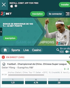 22bet liste paris sportif mobile