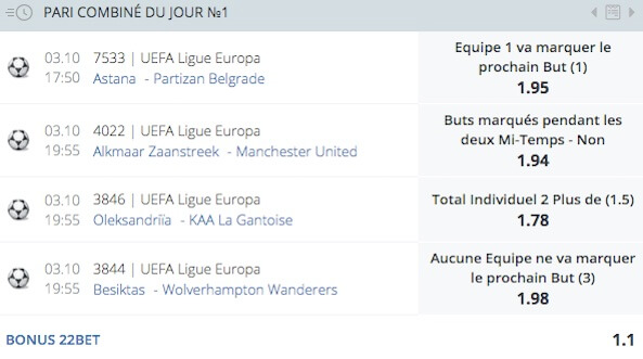 pari combiné du jour ligue europa 22bet