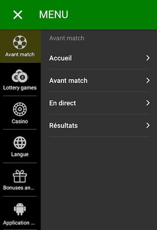 menu version mobile pariez cash congo